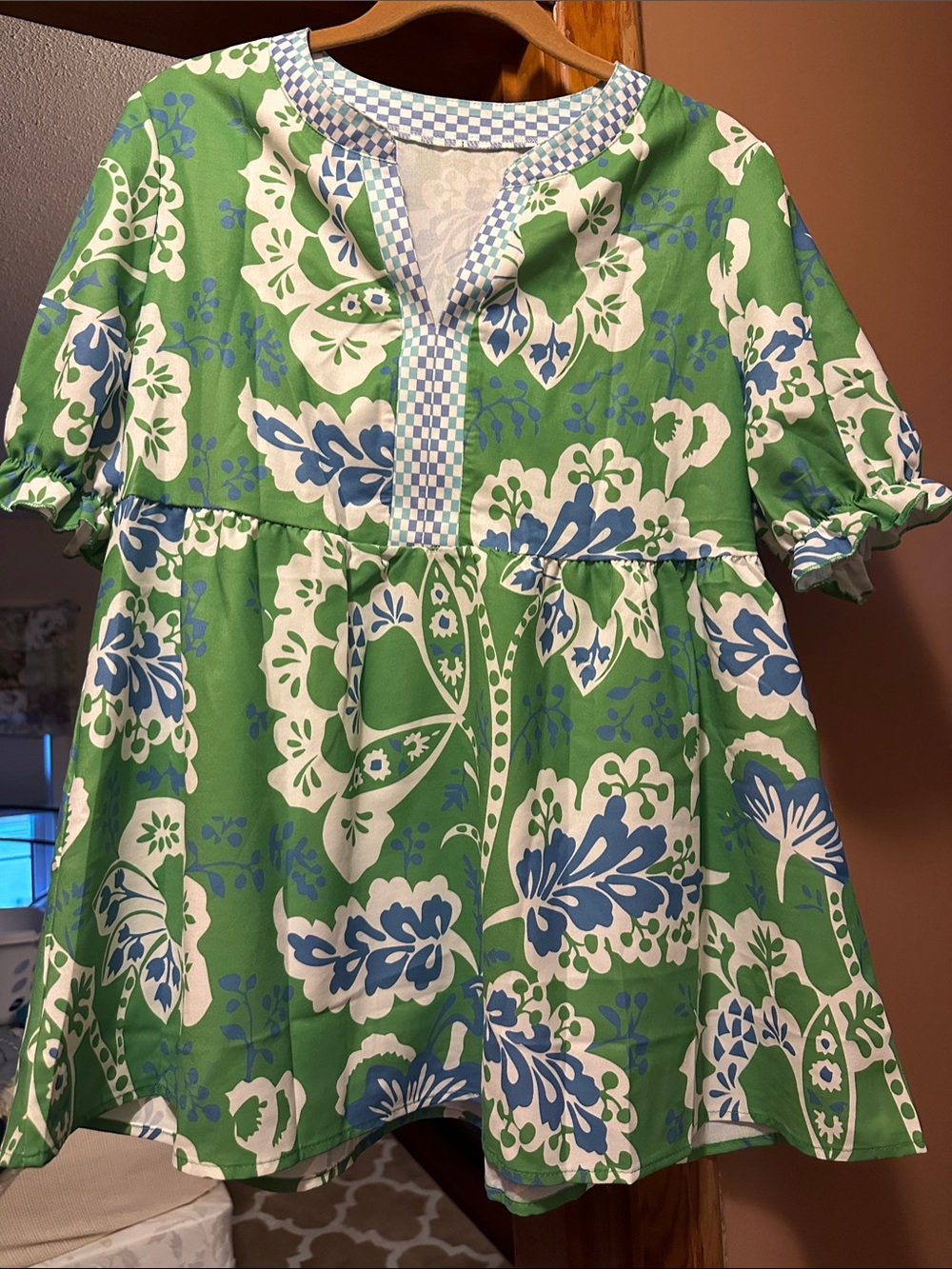 Women's Green Floral Blouse with Blue & White Accents